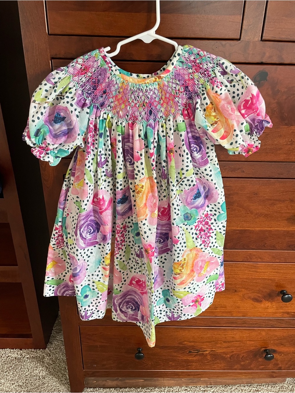 Girls White Floral Smocked Puff-Sleeve Dress in Multicolor